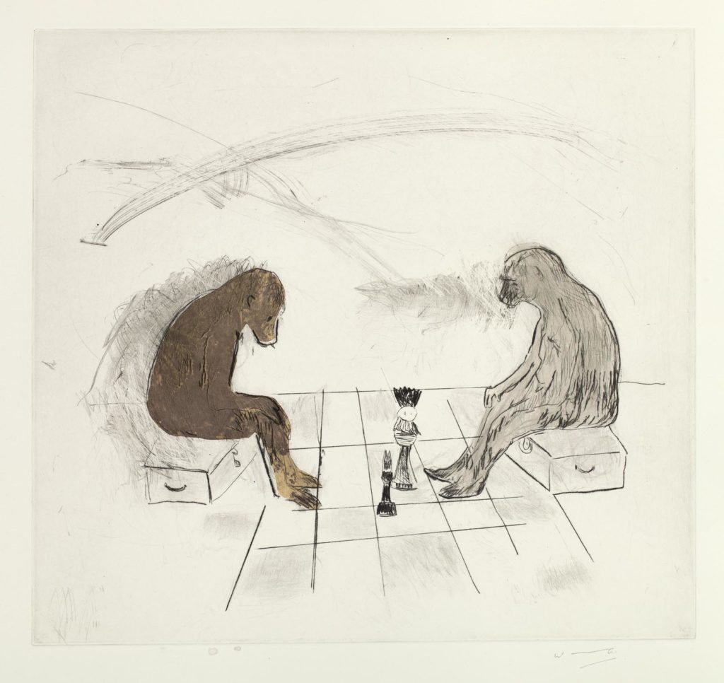 Wilma Cruise drypoint etching with chine-collé titled The End Game. The image shows a brown baboon and a grey baboon in profile sitting on boxes across from each other playing a game of chess on a chessboard floor.