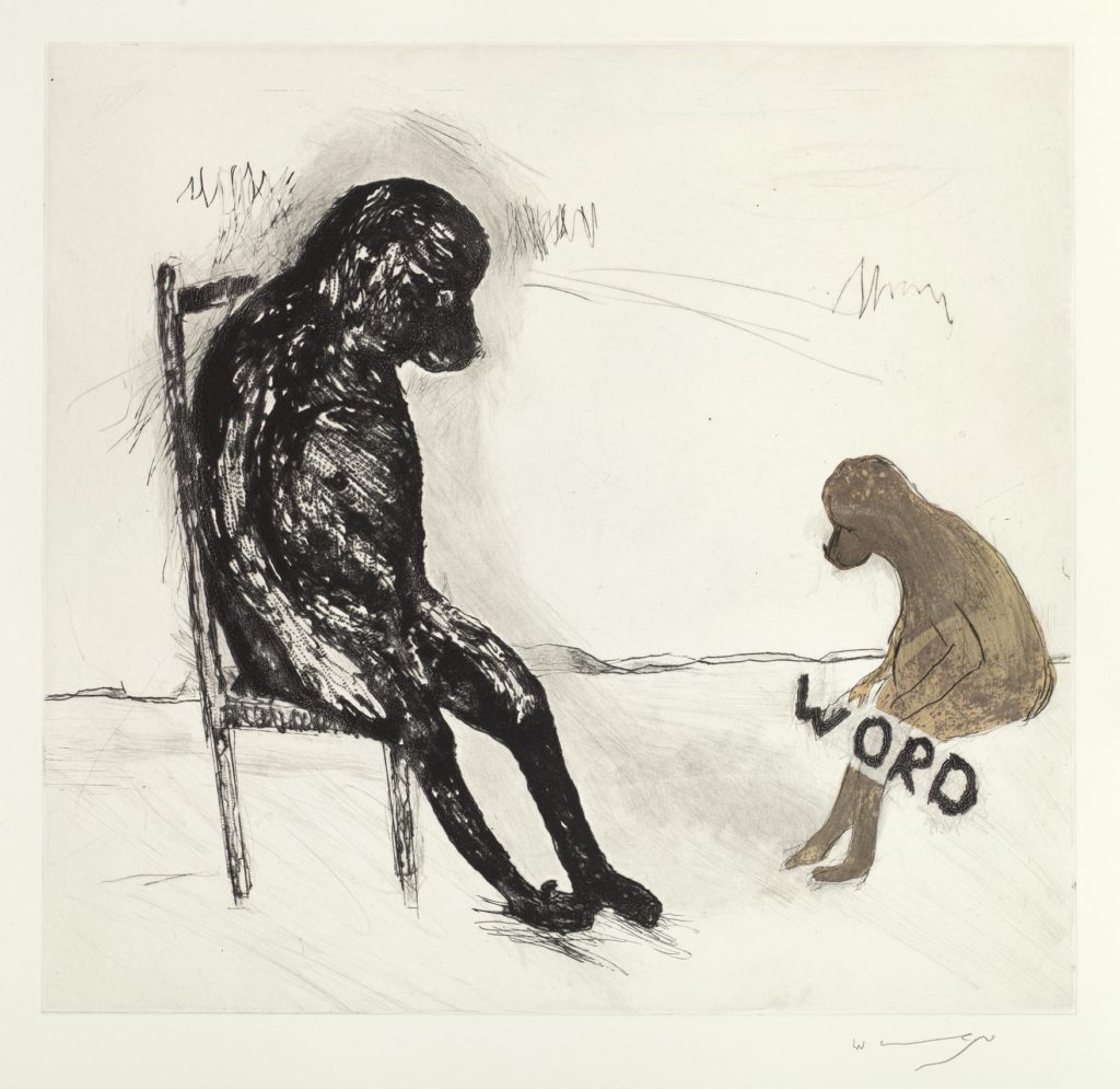 Wilma Cruise drypoint etching with chine-collé titled Word. The image shows a black baboon sitting on a black chair across from a small brown baboon, also sitting. The word “Word” is etched in large black letters across the small baboon’s legs.