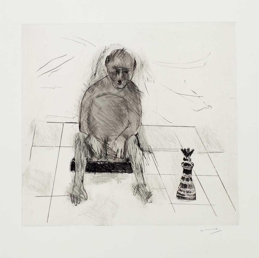 Wilma Cruise drypoint etching with chine-collé titled The Queen. The image shows a grey baboon sitting on a black box on a chessboard floor next to a a black Queen chess piece.