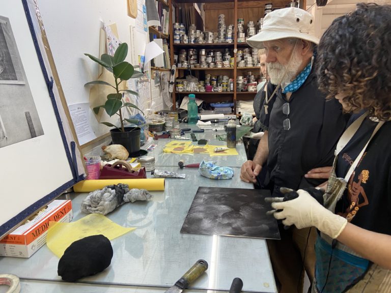 Rorke with printmakers at the David Krut Workshop