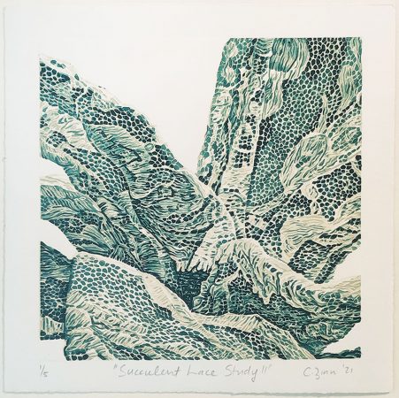 'Succulent lace study II' | 6-Colour reduction linocut | Edition of 5 | 17,5 x 17,5 cm | R 2 730 (framed)